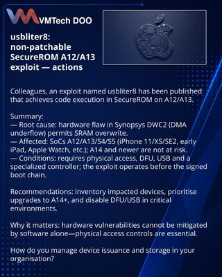 usbliter8: непропатчиваемый эксплойт SecureROM A12/A13 — действия