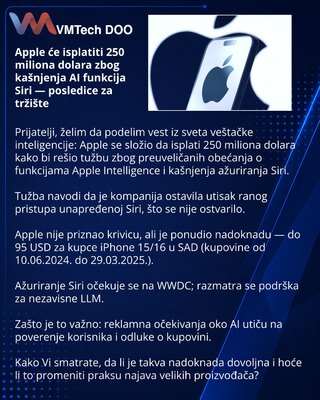 Apple će isplatiti 250 miliona dolara zbog kašnjenja AI funkcija Siri — posledice za tržište