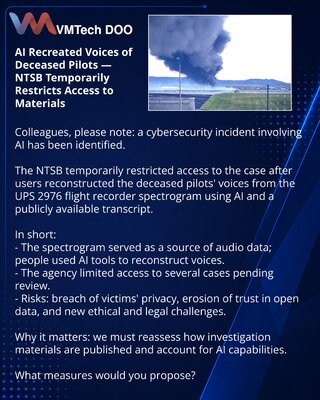 AI rekonstruisao glasove poginulih pilota — NTSB privremeno zatvorio pristup materijalima