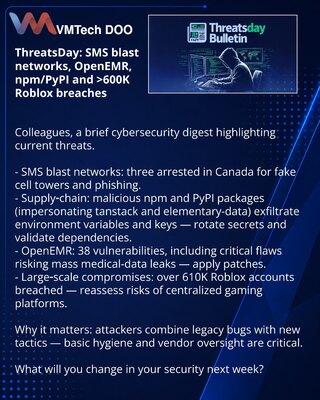 ThreatsDay: SMS blast networks, OpenEMR, npm/PyPI and >600K Roblox breaches