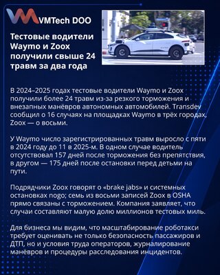 Тестовые водители Waymo и Zoox сообщили о травмах при резком торможении