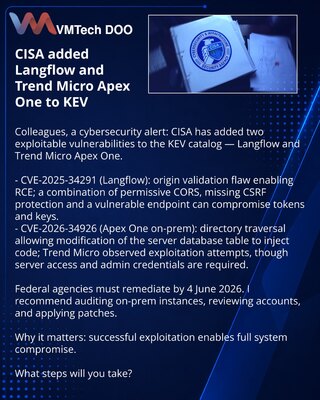 CISA добавила в KEV уязвимости Langflow и Trend Micro Apex One