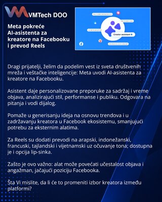 Meta pokreće AI-asistenta za kreatore na Facebooku i prevod Reels