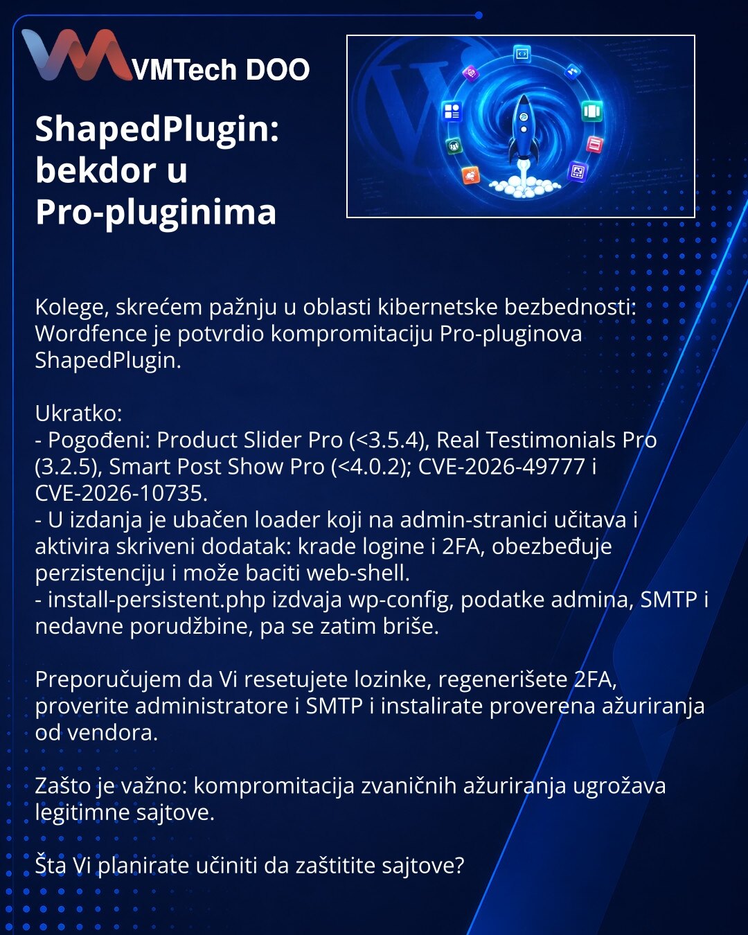 ShapedPlugin: bekdor u Pro-pluginima

Kolege, skrećem pažnju u oblasti kibernetske bezbednosti: Wordfence je potvrdio kompromitaciju Pro-pluginova ShapedPlugin.

Ukratko:
- Pogođeni: Product Slider Pro (