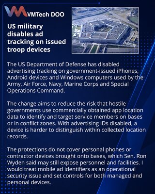 Pentagon isključio reklamno praćenje na vojnim uređajima