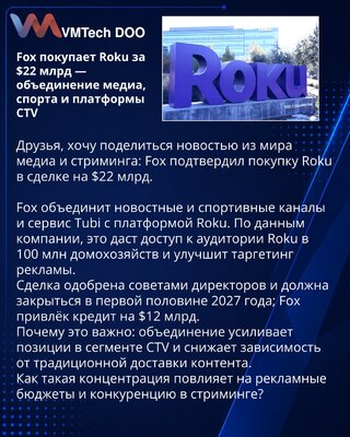 Fox покупает Roku за $22 млрд — объединение медиа, спорта и платформы CTV