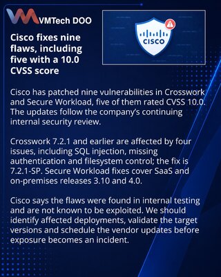 Cisco zakrpio devet kritičnih propusta u Crosswork i Secure Workload