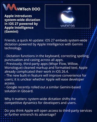 Apple introduces system-wide dictation in iOS 27 powered by Apple Intelligence (Gemini)