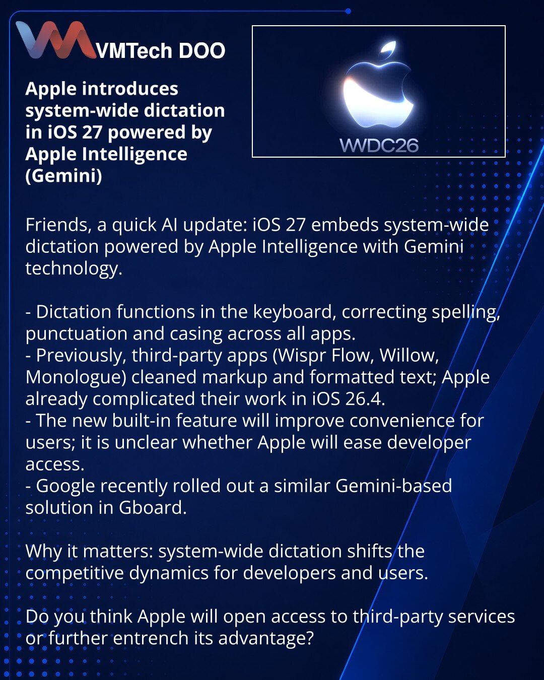 Apple uvodi sistemsku diktu u iOS 27 zasnovanu na Apple Intelligence (Gemini)

Prijatelji, želim da podelim novost iz sveta AI: u iOS 27 Apple je ugradio sistemsku diktu zasnovanu na Apple Intelligence sa tehnologijom Gemini.

- Diktat radi u tastaturi, ispravljajući pravopis, interpunkciju i veličinu slova u svim aplikacijama.
- Ranije su treće strane (Wispr Flow, Willow, Monologue) čistile „em“ i formatirale tekst; Apple je u iOS 26.4 već otežao njihov rad.
- Nova ugrađena funkcija će poboljša