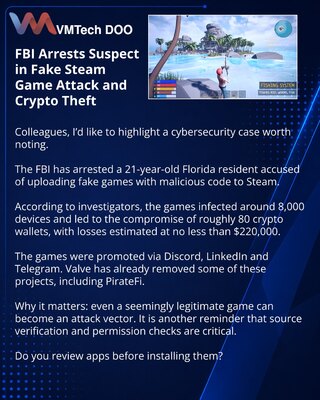 FBI арестовало подозреваемого в атаке через фейковые игры Steam и краже криптовалюты