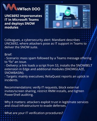 UNC6692 se maskira kao IT podrška u Microsoft Teams i instalira SNOW module