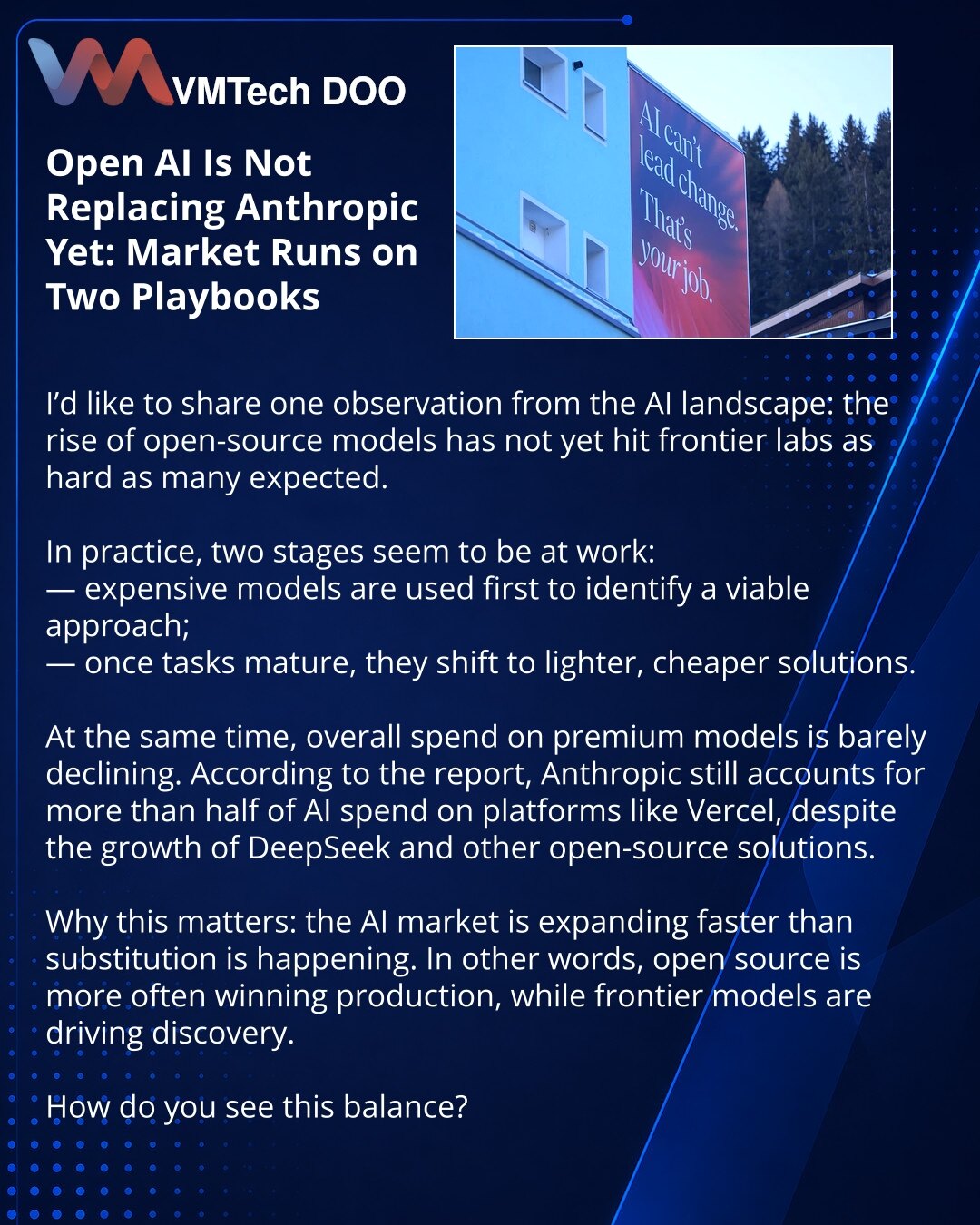 Otvoreni AI još ne potiskuje Anthropic: tržište živi po dva scenarija

Dragi prijatelji, želim da podelim zapažanje iz sveta AI: rast open source modela za sada ne pogađa frontier laboratorije onako kako su mnogi očekivali.

Čini se da u praksi rade dve faze:
— skupi modeli najpre pomažu da se pronađe radni scenario;
— zatim zreli zadaci prelaze na lakša i jeftinija rešenja.

Istovremeno, ukupna potrošnja na premijum modele gotovo da ne opada. Prema podacima iz izveštaja, Anthropic i dalje zauzi