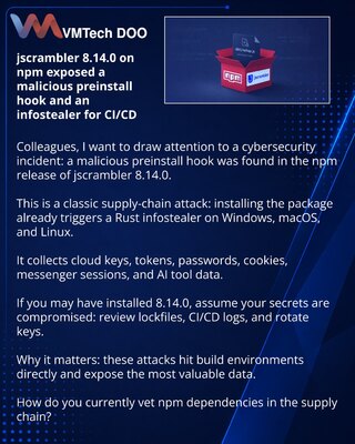 jscrambler 8.14.0 on npm exposed a malicious preinstall hook and an infostealer for CI/CD