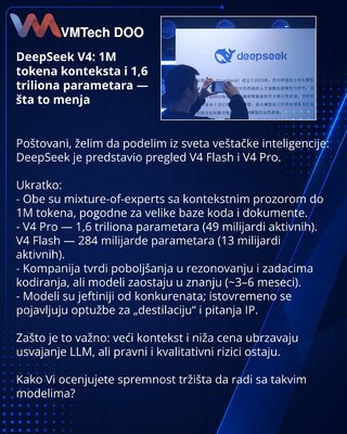 DeepSeek V4: 1M tokena konteksta i 1,6 triliona parametara — šta to menja