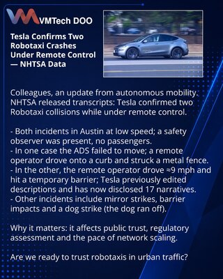Tesla Confirms Two Robotaxi Crashes Under Remote Control — NHTSA Data
