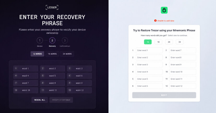OkoBot maskira phishing recovery frazu direktno unutar Ledger i Trezor aplikacija