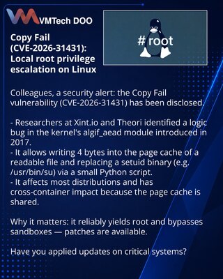 Copy Fail (CVE-2026-31431): lokalno eskaliranje privilegija u Linuxu