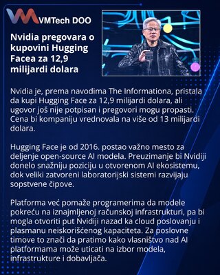 Nvidia u pregovorima za kupovinu Hugging Facea za 12,9 milijardi dolara