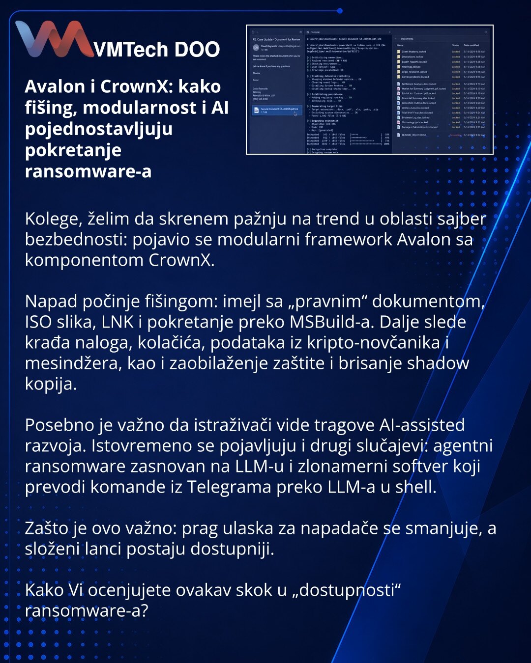 Avalon i CrownX: kako fišing, modularnost i AI pojednostavljuju pokretanje ransomware-a

Kolege, želim da skrenem pažnju na trend u oblasti sajber bezbednosti: pojavio se modularni framework Avalon sa komponentom CrownX.

Napad počinje fišingom: imejl sa „pravnim“ dokumentom, ISO slika, LNK i pokretanje preko MSBuild-a. Dalje slede krađa naloga, kolačića, podataka iz kripto-novčanika i mesindžera, kao i zaobilaženje zaštite i brisanje shadow kopija.

Posebno je važno da istraživači vide tragove