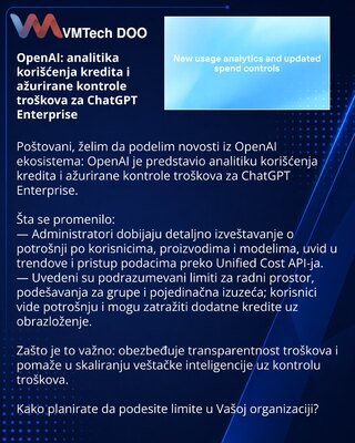 OpenAI: analitika korišćenja kredita i ažurirane kontrole troškova za ChatGPT Enterprise