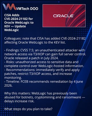 CISA je uvrstila CVE-2024-21182 za Oracle WebLogic u KEV — ažurirajte WebLogic