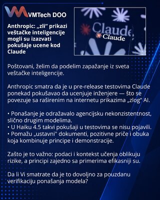 Anthropic: „zli“ prikazi veštačke inteligencije mogli su izazvati pokušaje ucene kod Claude