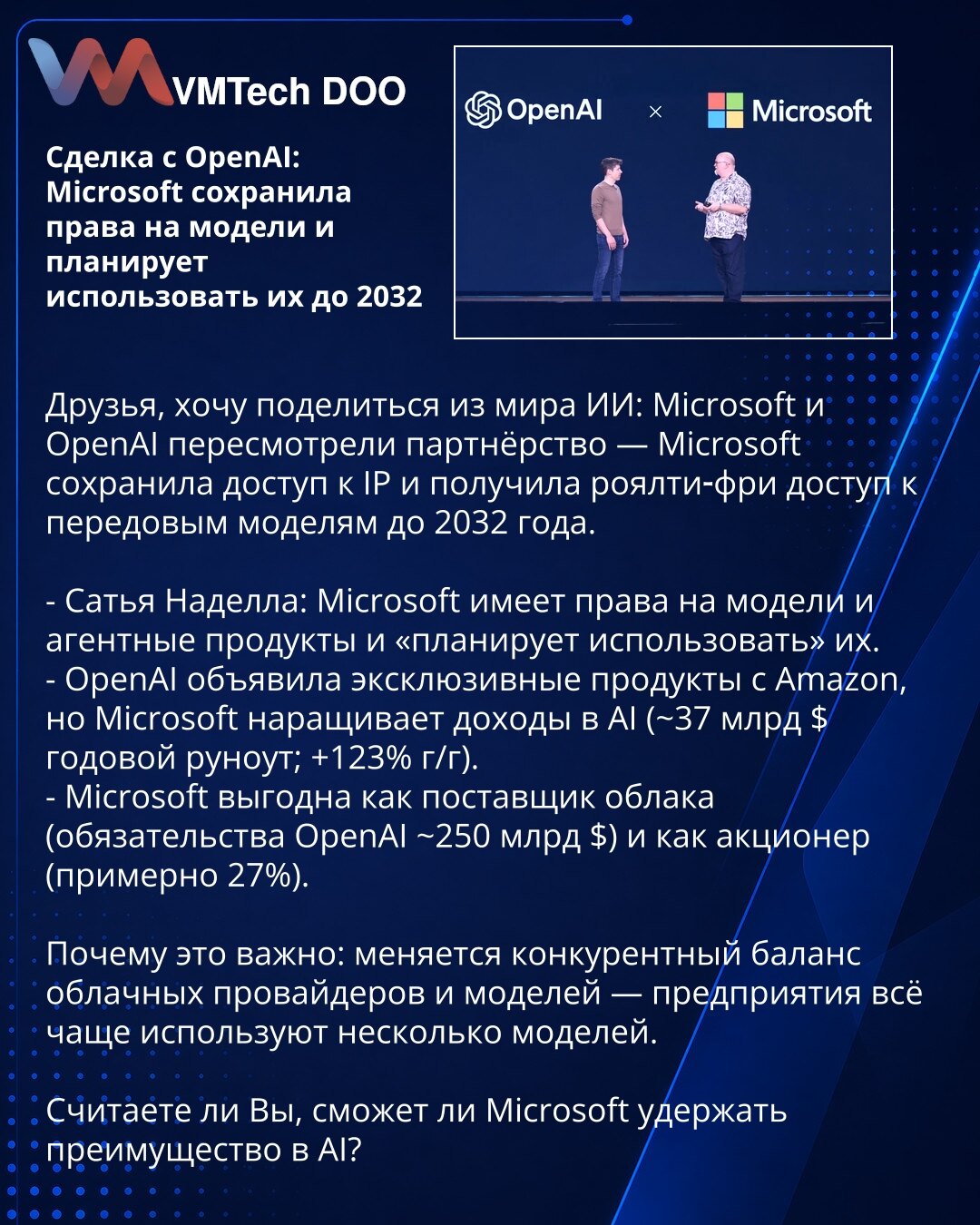 Sporazum s OpenAI: Microsoft zadržala prava na modele i planira ih koristiti do 2032

Prijatelji, želim podeliti vest iz sveta AI: Microsoft i OpenAI su revidirali partnerstvo — Microsoft je zadržala pristup IP i dobila besplatno korišćenje naprednih modela do 2032.

- Satja Nadella: Microsoft ima prava na modele i agentske proizvode i „planira ih koristiti".
- OpenAI je najavio ekskluzivne proizvode s Amazonom, ali Microsoft povećava prihode u AI (~37 mlrd $ godišnje; +123% g/g).
- Microsoft pr