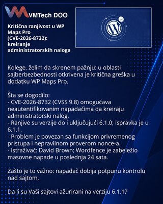 Kritična ranjivost u WP Maps Pro (CVE-2026-8732): kreiranje administratorskih naloga