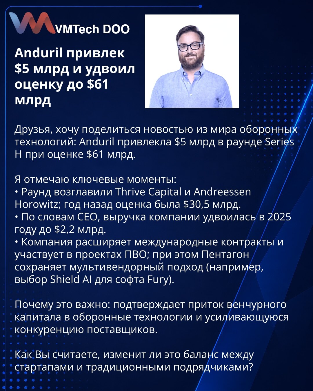 Anduril privukao 5 mlrd USD i udvostručio procenu na 61 mlrd USD

Prijatelji, želim da podelim vest iz sveta odbrambenih tehnologija: Anduril je pribavio 5 mlrd USD u seriji Series H pri proceni od 61 mlrd USD.

Ističem ključne tačke:
• Runda je predvodila Thrive Capital i Andreessen Horowitz; pre godinu dana procena je bila 30,5 mlrd USD.
• Prema rečima CEO-a, prihodi kompanije su se udvostručili 2025. godine na 2,2 mlrd USD.
• Kompanija širi međunarodne ugovore i učestvuje u projektima PVO; PE