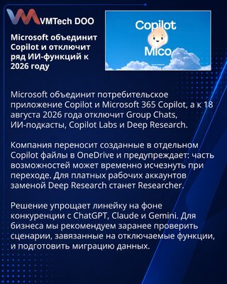 Microsoft объединит Copilot и закроет несколько ИИ-функций