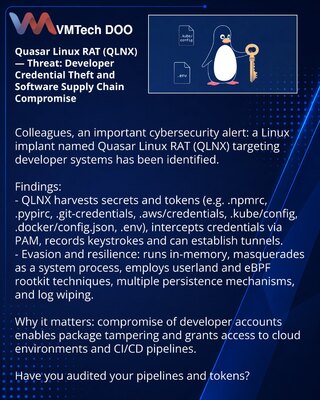 Quasar Linux RAT (QLNX) — угроза: кража учётных данных разработчиков и компрометация цепочки поставок ПО