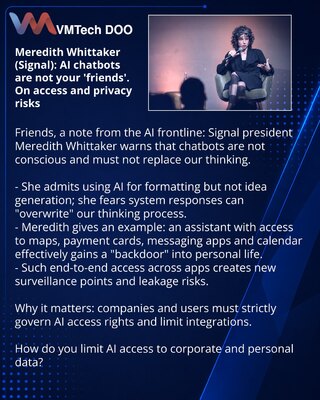Meredith Whittaker (Signal): AI-čatbotovi nisu Vaši 'prijatelji'. O rizicima pristupa i privatnosti