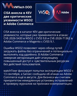 CISA добавила в KEV уязвимости WSO2 и Adobe Commerce