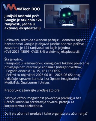 Junijski Android peč: Google je otklonio 124 ranjivosti, jedna u aktivnoj eksploataciji