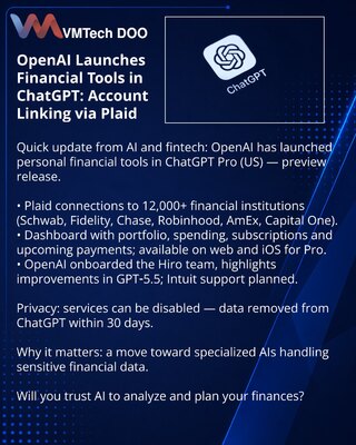 OpenAI uvodi finansijske alate u ChatGPT: povezivanje računa putem Plaid