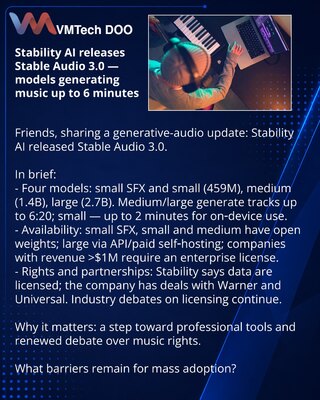 Stability AI выпустила Stable Audio 3.0 — модели, генерирующие музыку до 6 минут