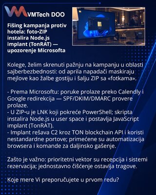 Fišing kampanja protiv hotela: foto‑ZIP instalira Node.js implant (TonRAT) — upozorenje Microsofta