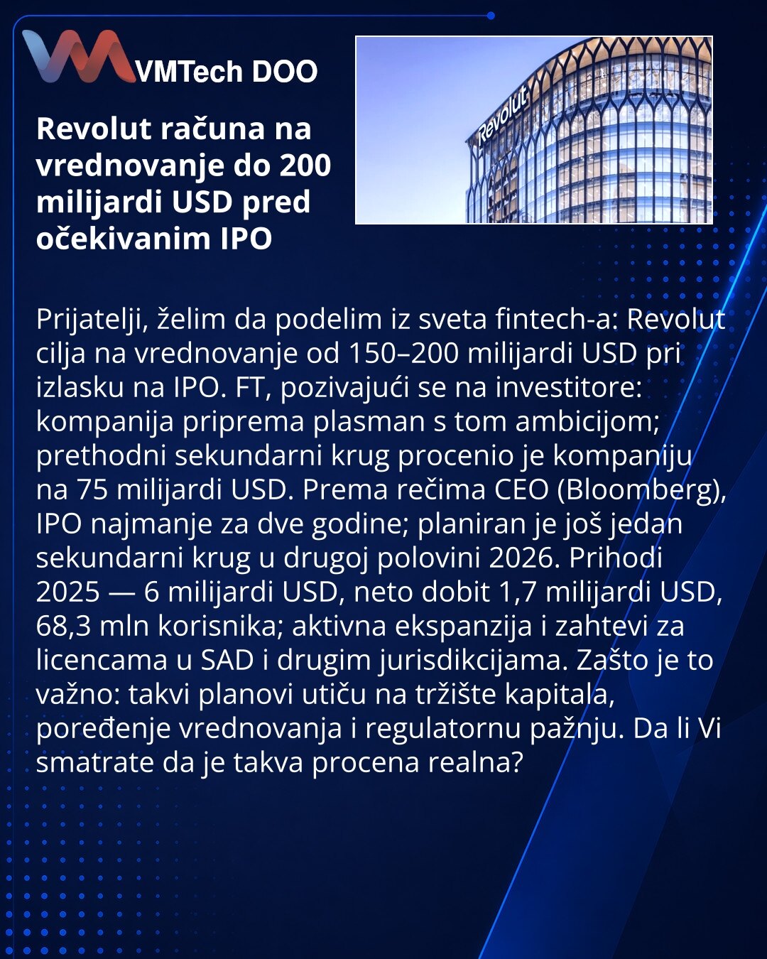 Revolut računa na vrednovanje do 200 milijardi USD pred očekivanim IPO

Prijatelji, želim da podelim iz sveta fintech-a: Revolut cilja na vrednovanje od 150–200 milijardi USD pri izlasku na IPO. FT, pozivajući se na investitore: kompanija priprema plasman s tom ambicijom; prethodni sekundarni krug procenio je kompaniju na 75 milijardi USD. Prema rečima CEO (Bloomberg), IPO najmanje za dve godine; planiran je još jedan sekundarni krug u drugoj polovini 2026. Prihodi 2025 — 6 milijardi USD, neto d