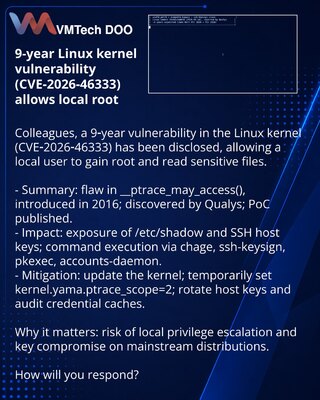 9-godišnja ranjivost Linux kernela (CVE-2026-46333) omogućava root