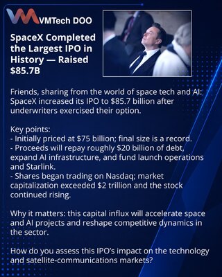 SpaceX sprovela najveće IPO u istoriji — prikupili 85,7 mlrd USD