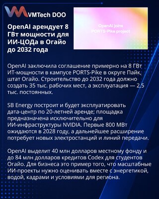 OpenAI арендует 8 ГВт для ИИ-дата-центра PORTS-Pike в Огайо