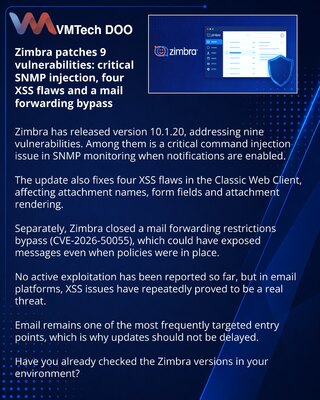 Zimbra je zatvorila 9 ranjivosti: kritičan SNMP injection, 4 XSS i zaobilaženje ograničenja prosleđivanja