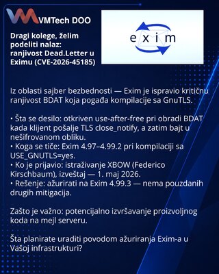Dragi kolege, želim podeliti nalaz: ranjivost Dead.Letter u Eximu (CVE-2026-45185)