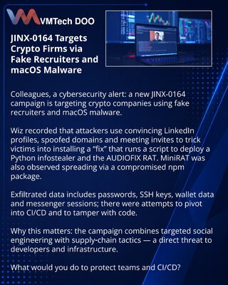 JINX-0164 napada kripto-kompanije putem lažnih regrutera i macOS malvera