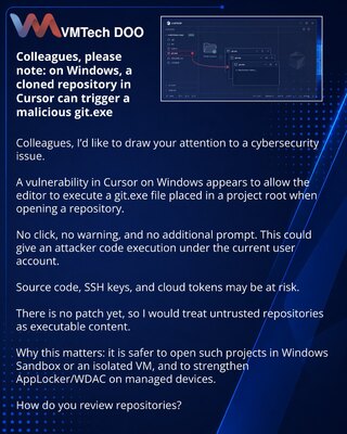 Kolege, želim da skrenem pažnju: u Cursor-u na Windowsu klonirani repozitorijum može pokrenuti zlonamerni git.exe