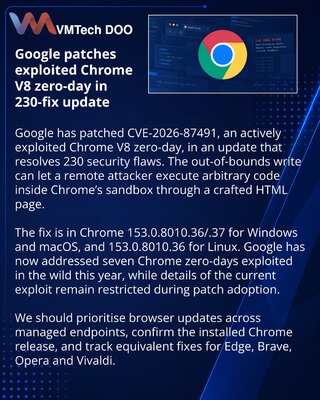 Google fixes actively exploited V8 flaw in Chrome 153