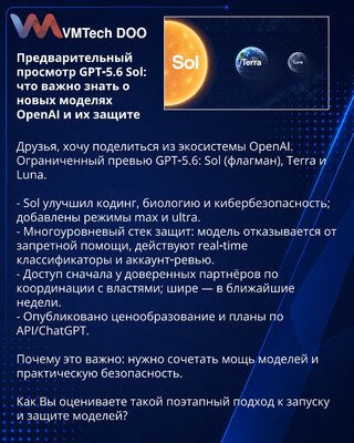 Predpregled GPT‑5.6 Sol: šta je važno znati o novim modelima OpenAI i njihovoj zaštiti