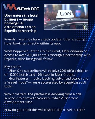 Uber выходит в гостиничный бизнес — бронирования в приложении, AI-ускорение и партнёрство с Expedia