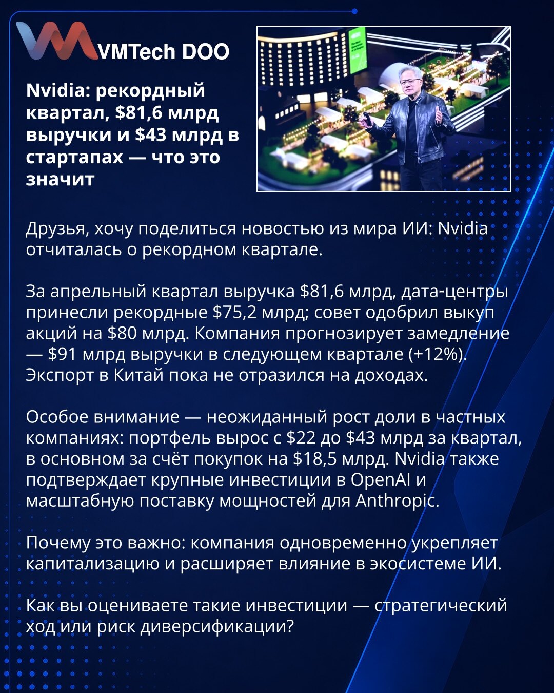 Nvidia: rekordni kvartal, 81,6 mlrd USD prihoda i 43 mlrd u startapima — šta to znači

Prijatelji, želim podeliti vest iz sveta AI: Nvidia je objavila rekordni kvartal.

Za aprilni kvartal prihod 81,6 mlrd USD, data centri doneli rekordnih 75,2 mlrd; odbor je odobrio otkup akcija od 80 mlrd. Kompanija prognozira usporavanje — 91 mlrd prihoda u narednom kvartalu (+12%). Izvoz u Kinu još nije uticao na prihode.

Posebna pažnja — neočekivani rast udela u privatnim kompanijama: portfelj je porastao