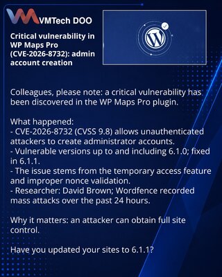 Kritična ranjivost u WP Maps Pro (CVE-2026-8732): kreiranje administratorskih naloga